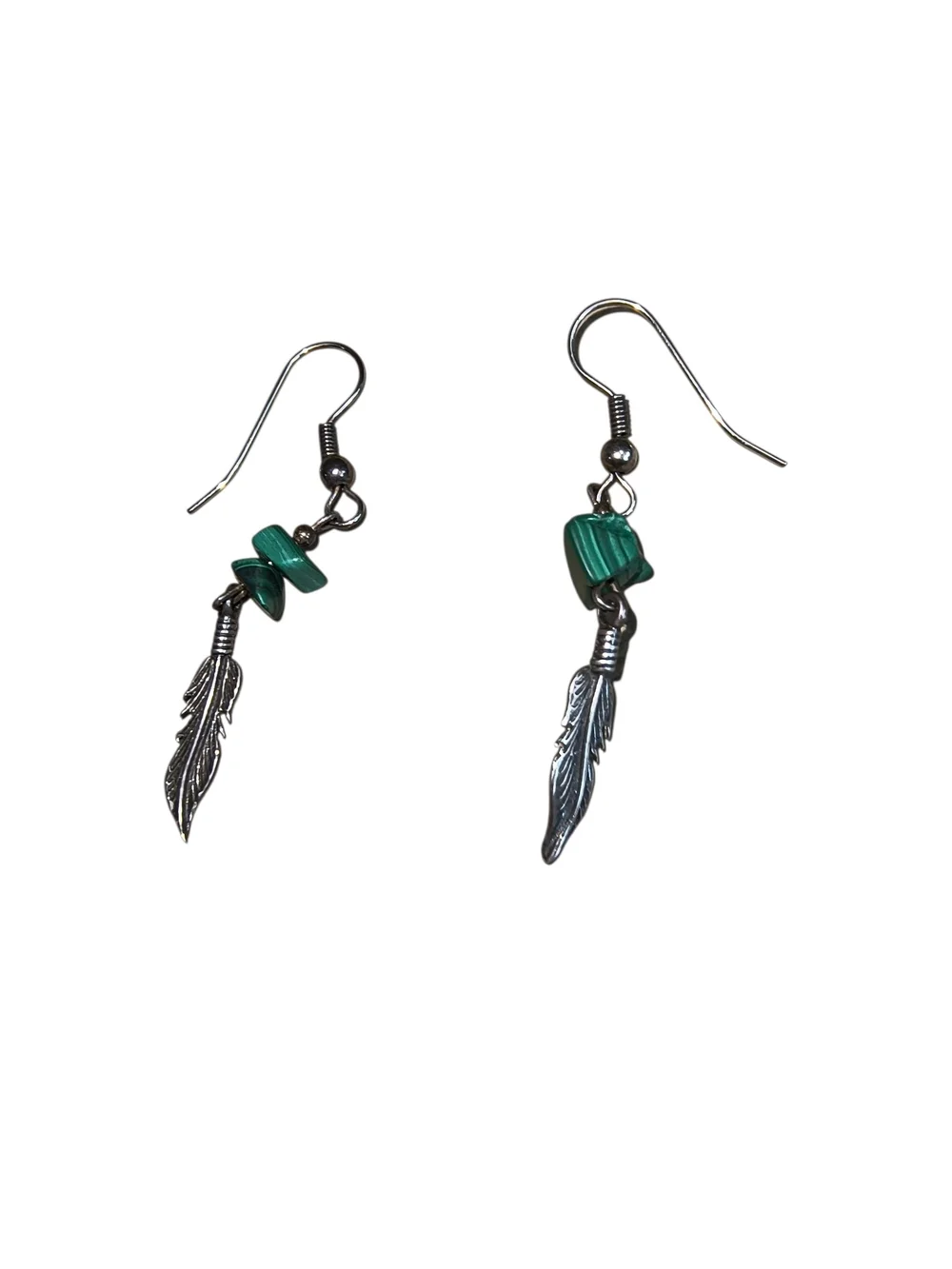 Green Malachite And Sterling Silver Feather Dangle Artisan Earrings